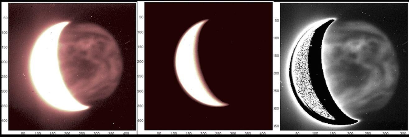 Venus visto en el infrarrojo cercano con la cámara NICS instalada en el Telescopio Nazionale Galileo. Esta secuencia demuestra el proceso de sustracción del brillo del lado diurno de Venus para que los detalles del lado nocturno sobresalgan y que puedan ser analizados. Las áreas oscuras en el lado derecho de la primera y la tercera imagen son nubes, mientras que las áreas brillantes son regiones menos opacas a través de las que la radiación térmica (o infrarroja) puede escapar de la superficie del planeta. Imágenes obtenidas el 11 de julio de 2012. Créditos: Pedro Machado, et al. 2022