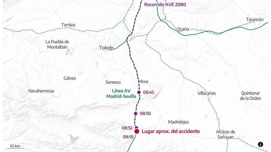 El mapa del accidente de tren de Toledo: la reconstrucción de los últimos minutos del AVE antes del choque con el Iryo