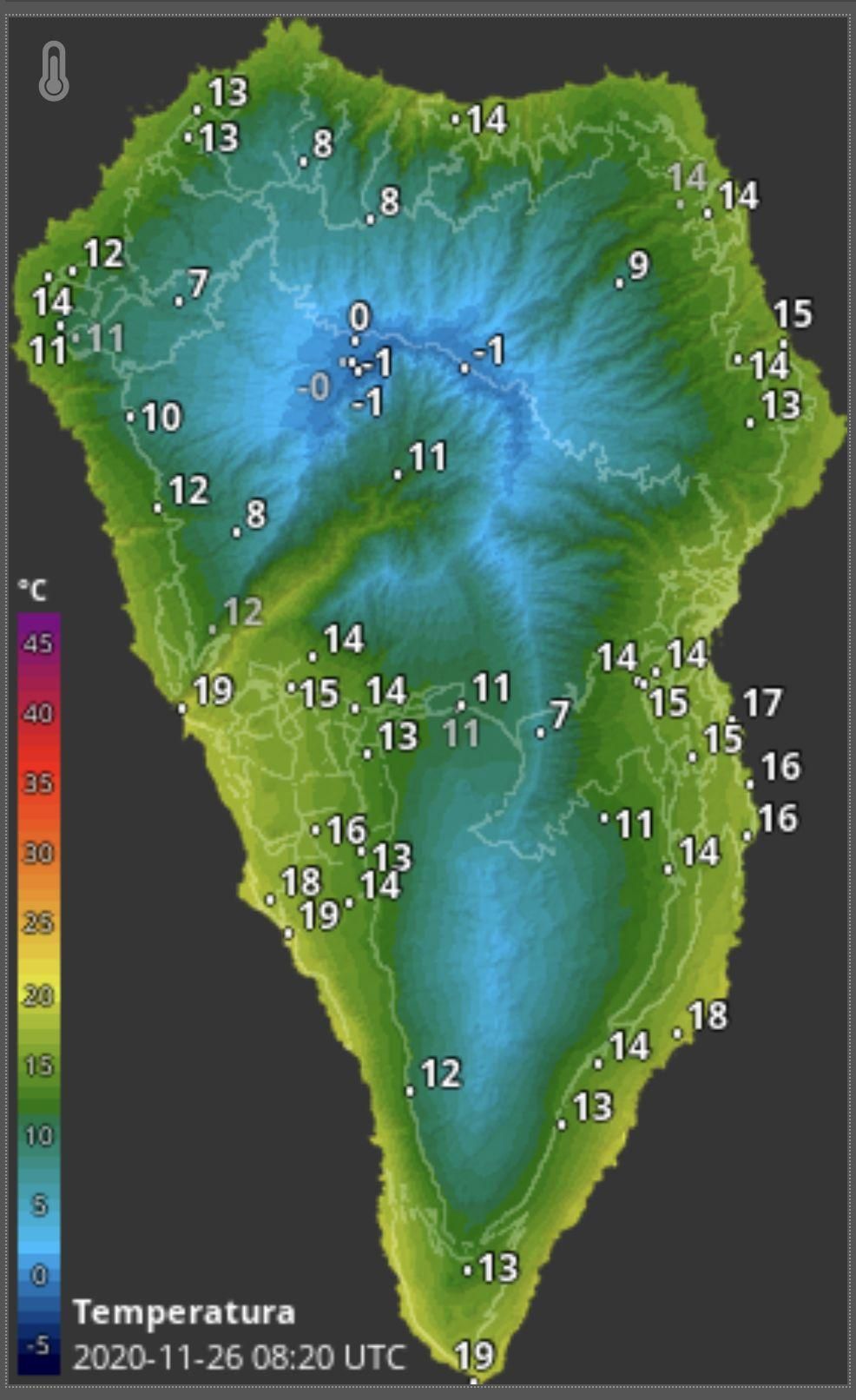 Mapa de HD Meteo La Palma donde se indica la temperatura que, a las  08.20 horas de este jueves,  26 de noviembre, se registraba en distintos puntos de la Isla