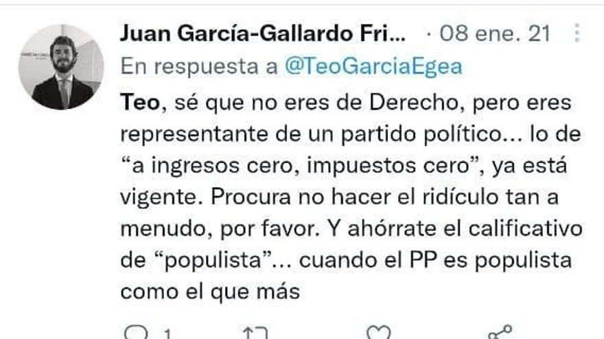 Tuit a Teodoro García Egea.