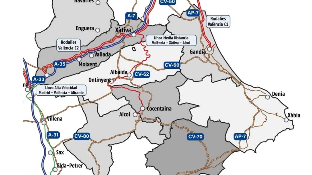 Mapa d'infraestructures ferroviaries i de carreteres de leas Comarques Centrals.