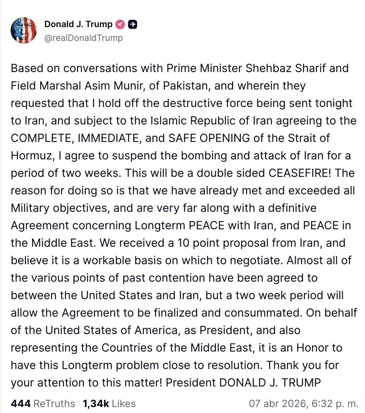 Truth Social de Trump sobre Irán.