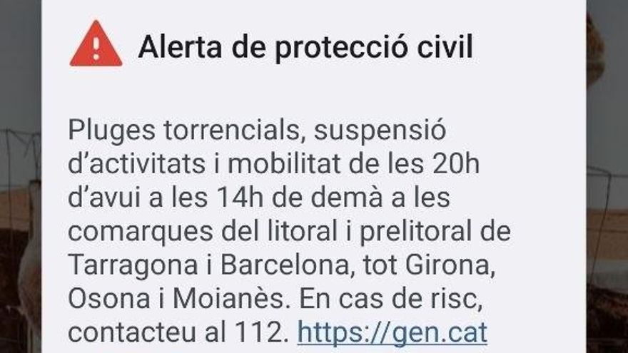 ES-Alert enviada a Barcelona, Tarragona y Girona