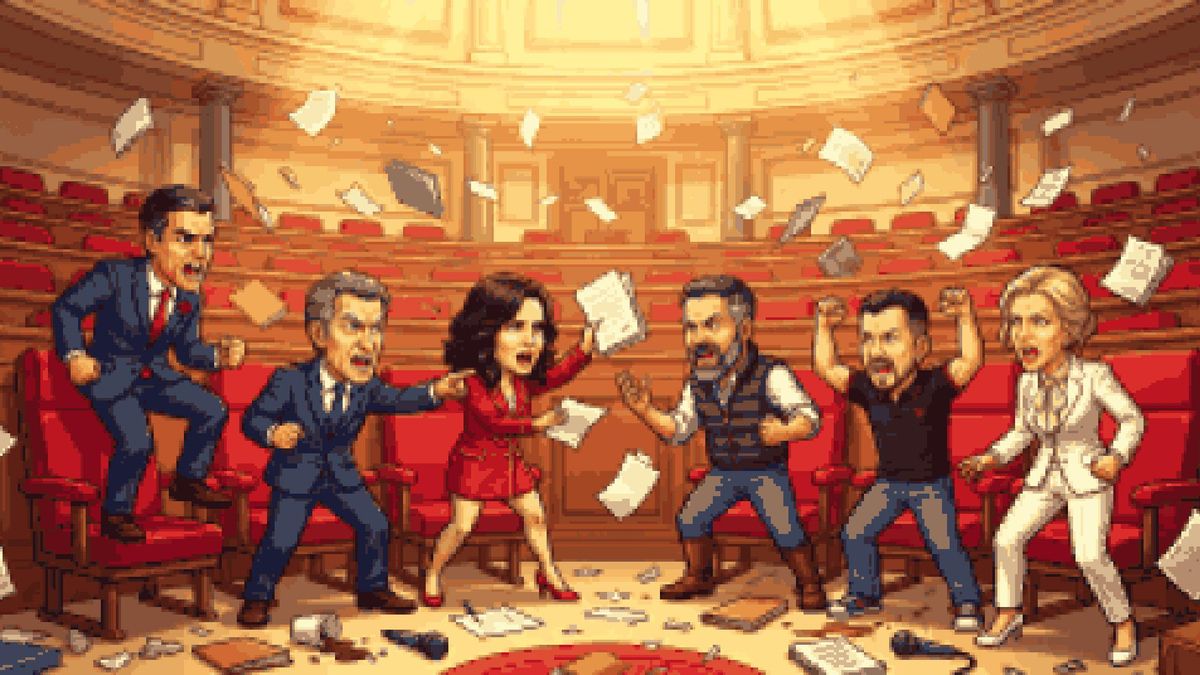 Sánchez, Feijóo, Ayuso, Abascal, Iglesias y Yolanda Díaz en 'Moncloa's Fighter'.