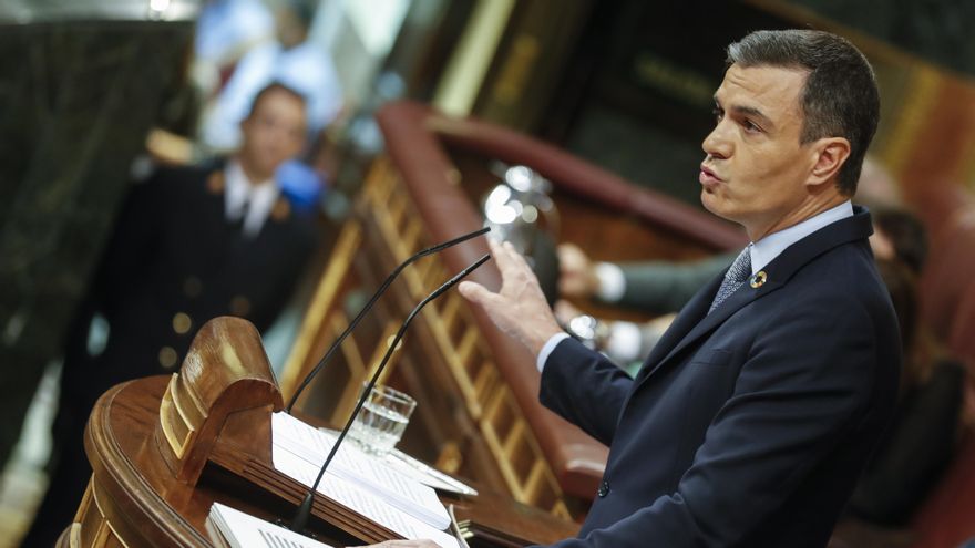 El presidente del Gobierno, Pedro Sánchez, durante su intervención en el debate sobre el estado de la nación, este martes en el Congreso. EFE/ Javier Lizon