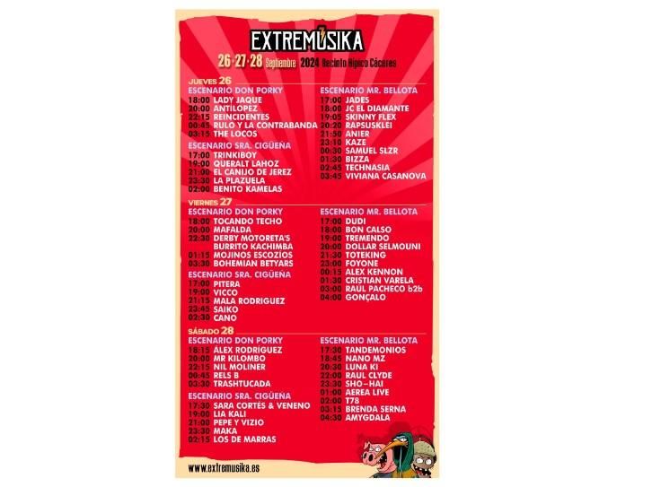 Cartel con los conciertos de este fin de semana en el Festival de Extremúsika.