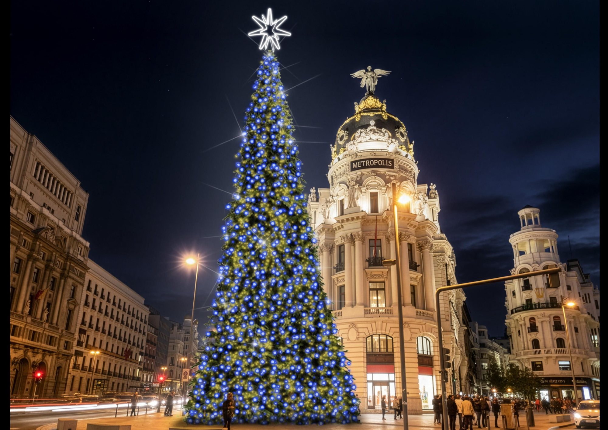 Recreación con vista general del abeto luminoso de Alcalá con Gran Vía