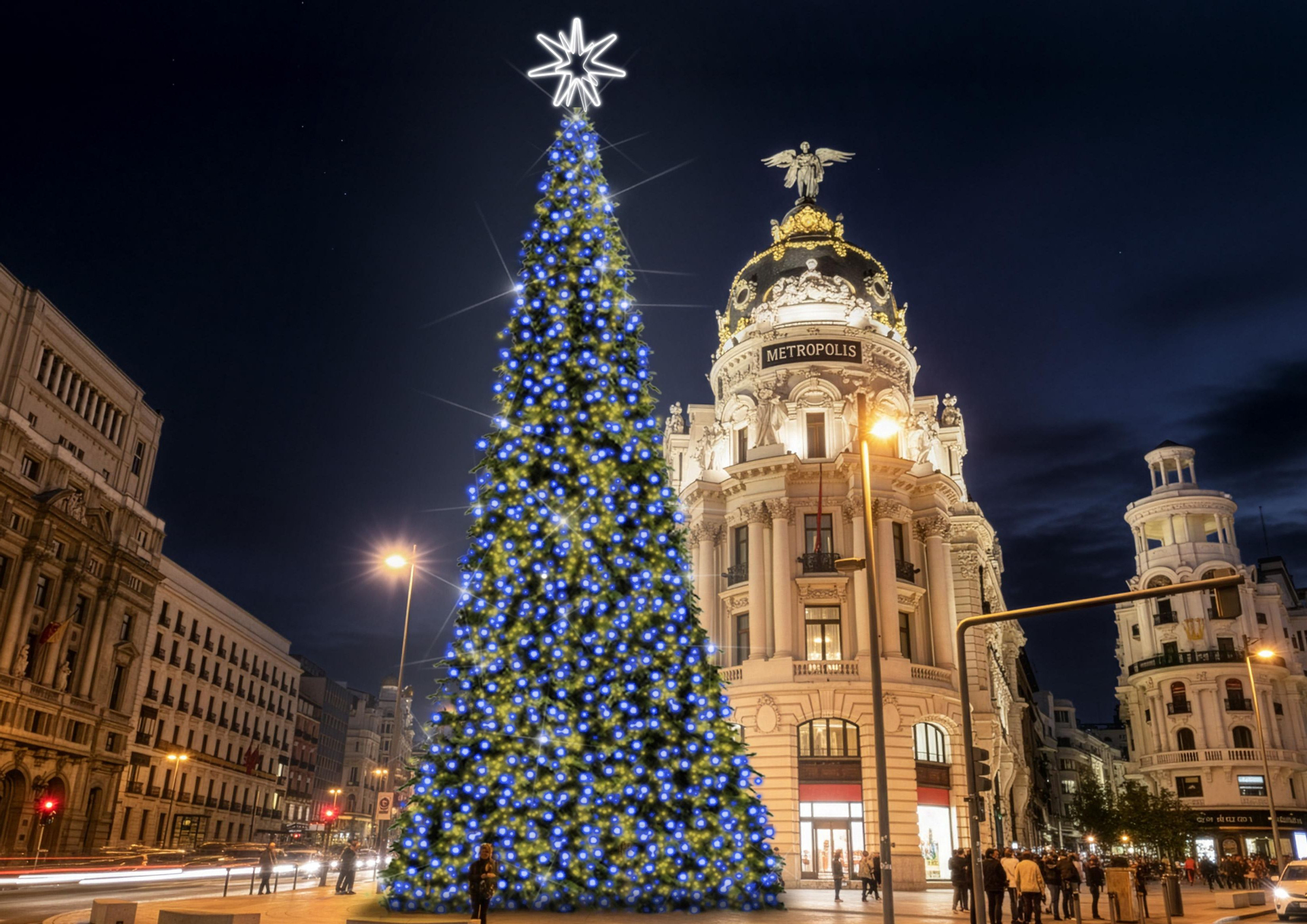 Recreación con vista general del abeto luminoso de Alcalá con Gran Vía