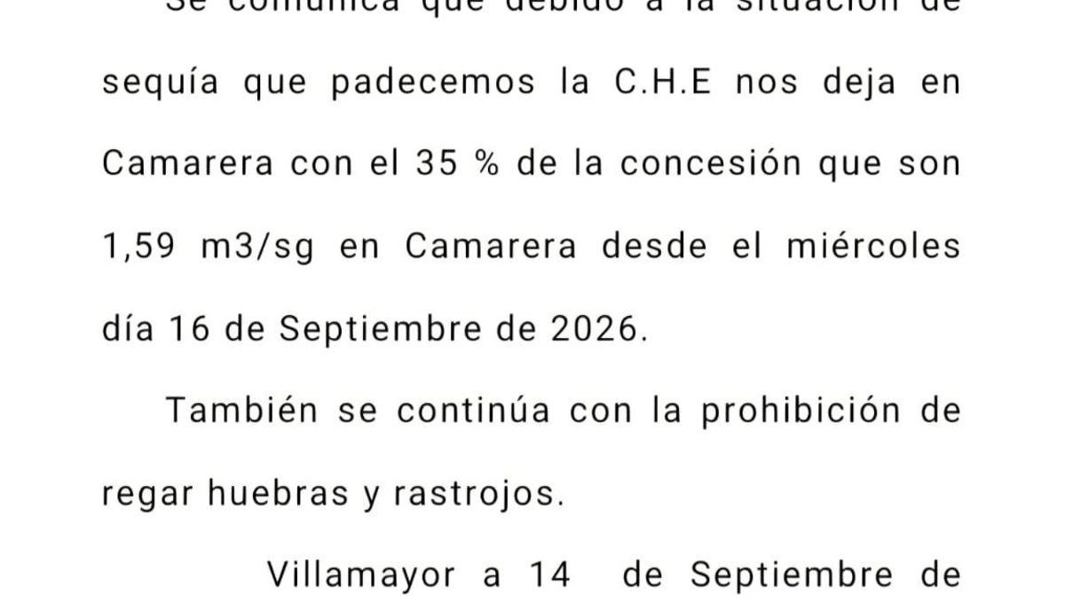 Bando de la Comunidad de Regantes informando de las restricciones de riego del río Gállego