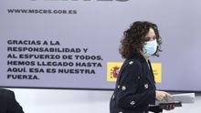 La ministra portavoz y de Hacienda, María Jesús Montero, a su llegada a la rueda de prensa tras la celebración de un Consejo de Ministros