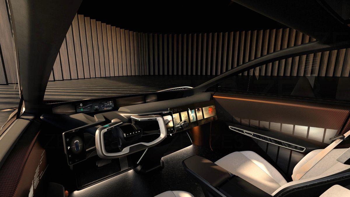 Volante de tipo yugo y pantallas para el acompañante en el habitáculo futurista de los prototipos de Lexus.