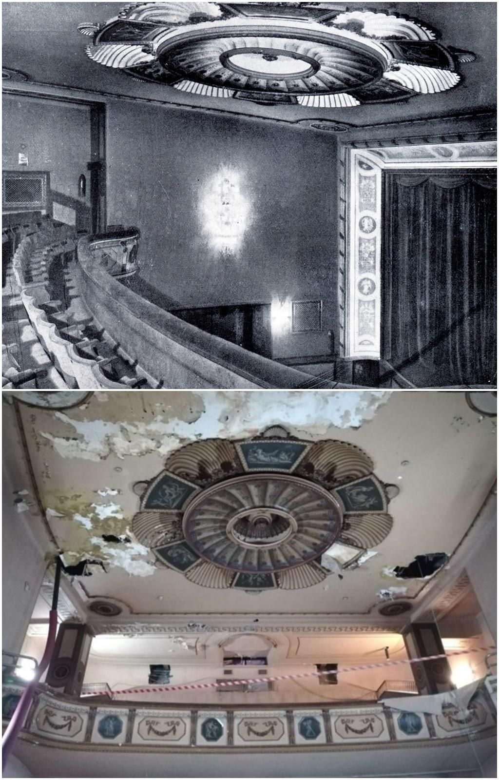 Fotografía antigua del interior del Cine Rex (arriba) y estado de deteriodo documentado en el Plan Especial (abajo)