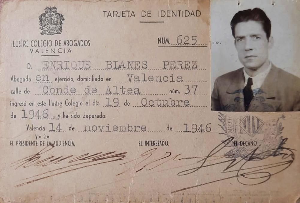 Targeta del Col·legi d'Advocats de València d'Enrique Blanes.
