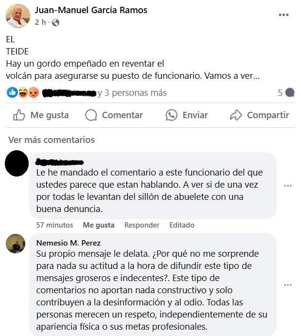 Publicación de Juan Manuel García Ramos en su cuenta de Facebook donde arremete contra el vulcanólogo canario Nemesio Pérez