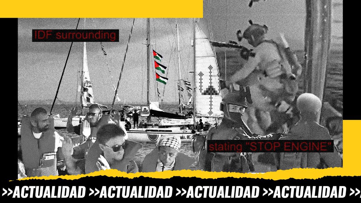 Montaje: parte de la Flotilla rumbo a Gaza junto a capturas de su retransmisión en directo del abordaje de las Fuerzas Especiales de Israel a dos de estos barcos