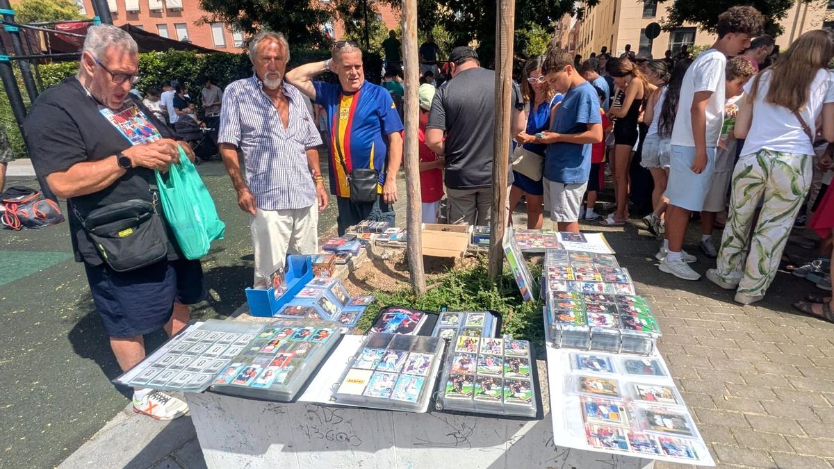 Varios hombres observan las colecciones de cromos expuestas en el Rastro