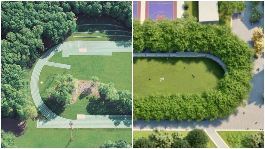 Una pista de atletismo entre árboles en lugar de la pradera anunciada por Almeida sobre el antiguo Calderón