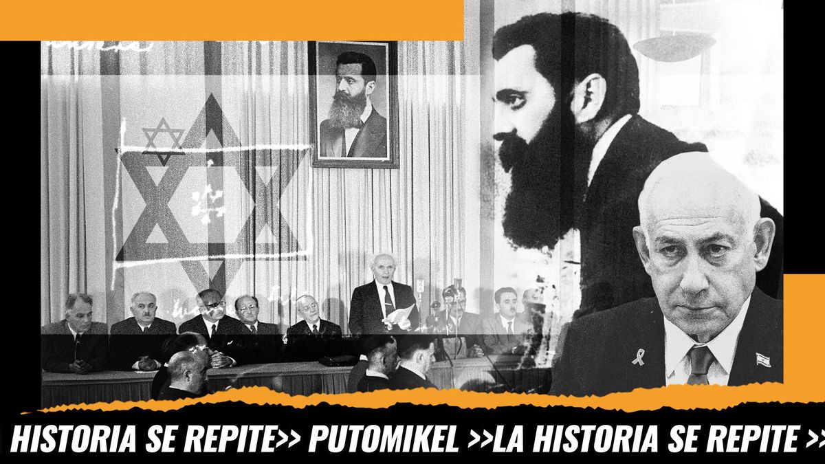 Montaje: de fondo la declaración del Estado de Israel en 1948, a la izquierda debajo Benjamín Netanyahu y sobre este Theodor Herzl, teórico fundador del sionismo moderno, frente a su boceto de propuesta para la bandera israelí sobre la original