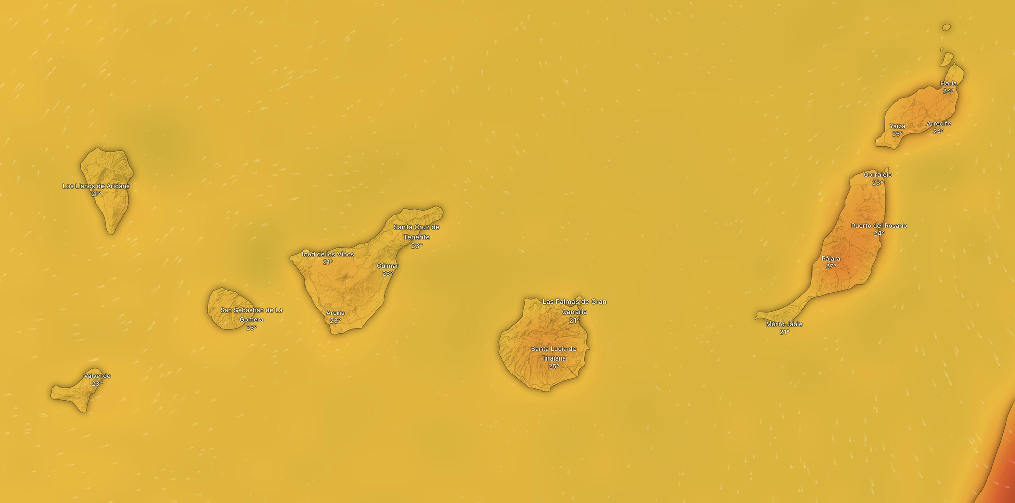 Mapa de temperaturas previstas en Canarias para este viernes, según el modelo europeo.