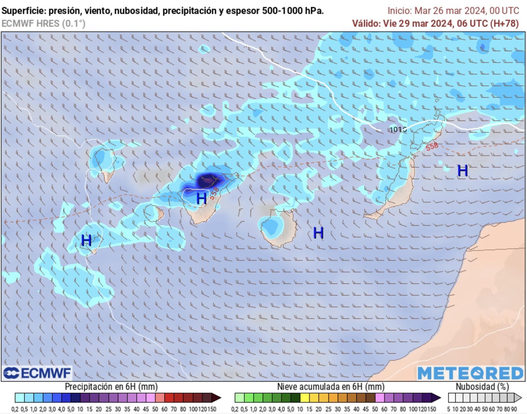 Frente procedente del noroeste que barrerá Canarias de oeste a este, según el modelo europeo.