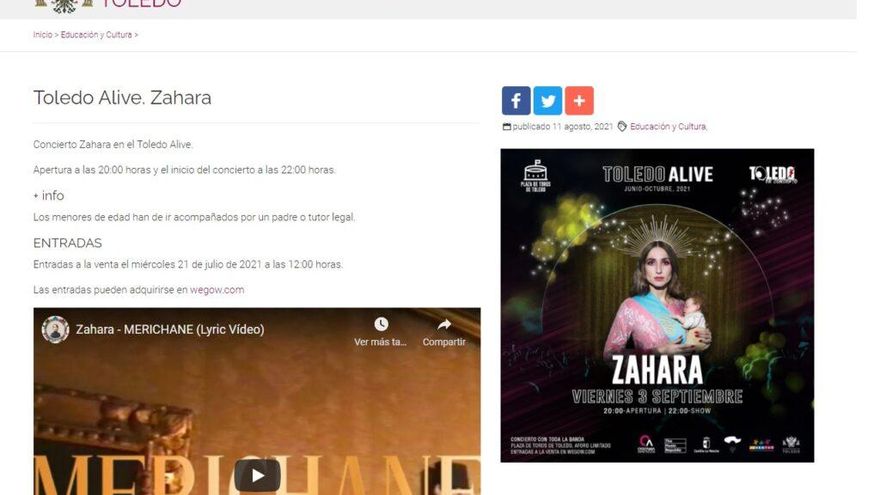 El Ayuntamiento de Toledo retiró de su web el cartel del concierto de Zahara que Vox tacha de “ofensa a la virgen”