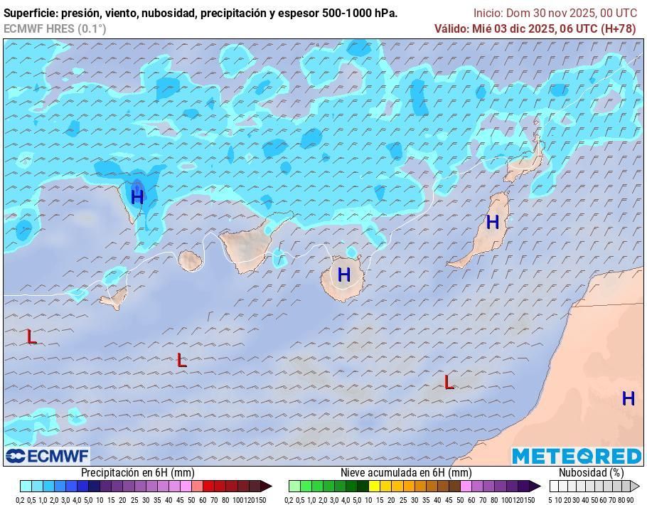 Mapa de la previsión de lluvia a las 6:00 horas del miércoles 3 de diciembre, según el modelo europeo.