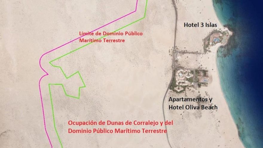 Plano del dominio público en las Dunas de Corralejo y ubicación de los dos hoteles, en una infografía realizada por la asociación ecologista Ben Magec