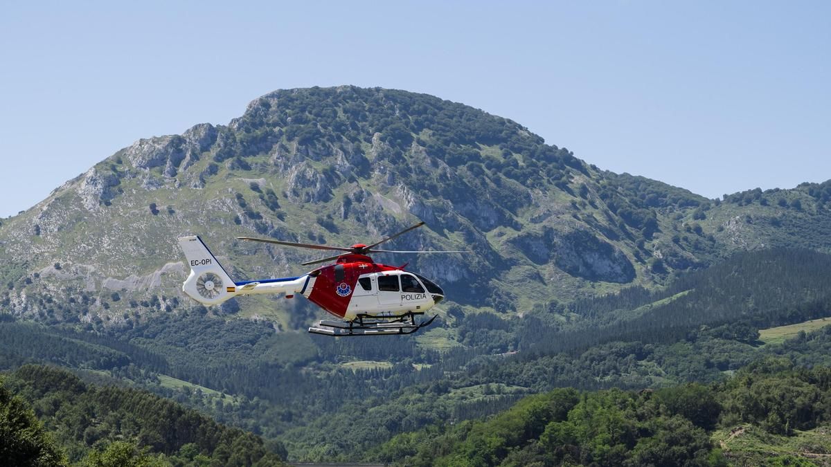 Una grúa retira el helicóptero accidentado en las labores de extinción del incendio de Galarreta, en Álava