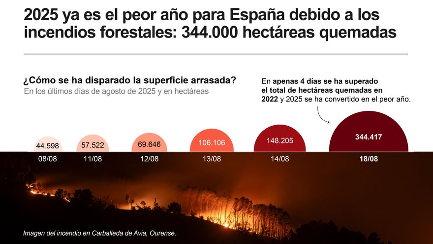 España alcanza casi 350.000 hectáreas quemadas, según estimaciones de Copernicus