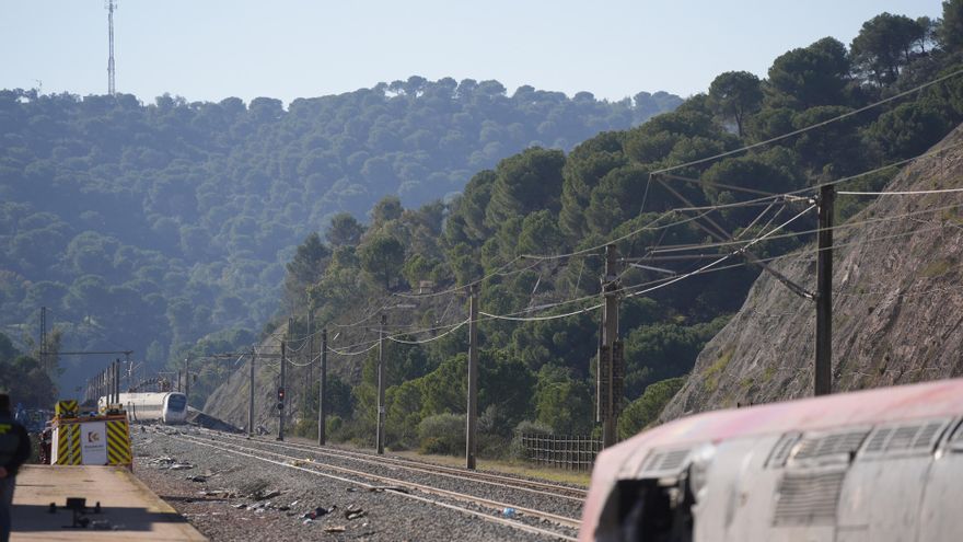 Vista general del lugar del accidente ferroviario de Adamuz, con el tren Alvia al fondo.