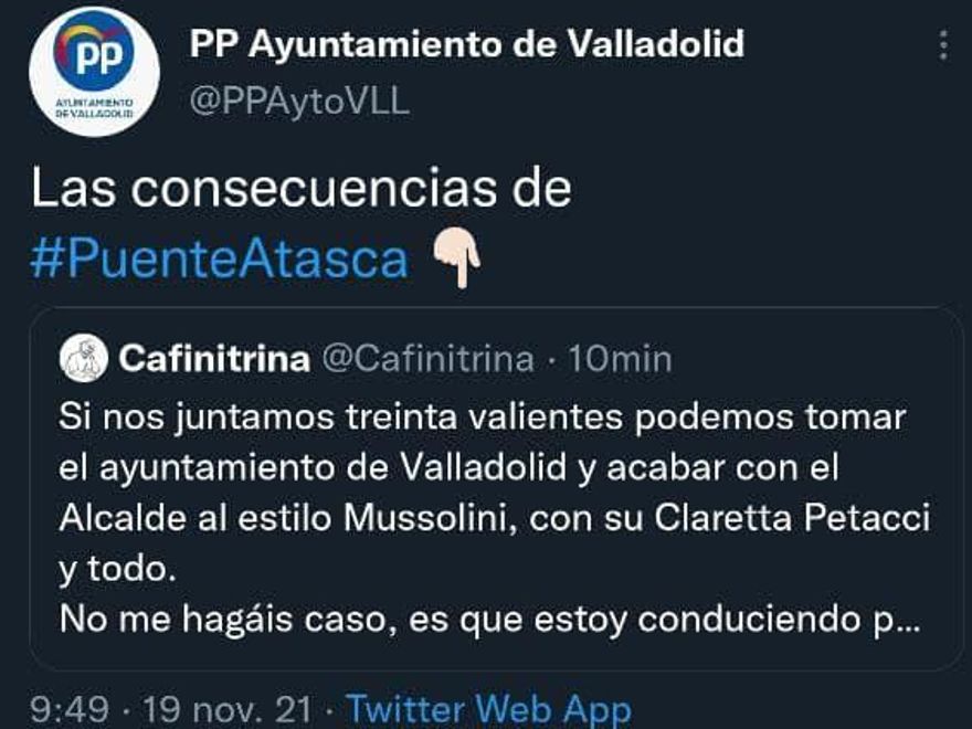 Tuit que llama a acabar con el alcalde de Valladolid "al estilo Mussolini".