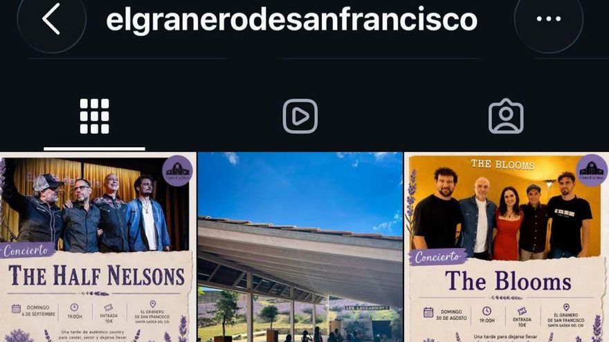 Cuenta de instagram de El Granero de San Francisco donde se anuncian talleres y conciertos, una actividad para la que no tiene licencia.