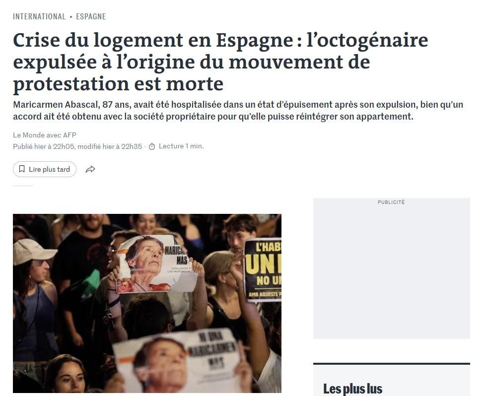 El diario francés 'Le Monde' cuenta la muerte de Maricarmen tras ser desahuciada  a los 87 años