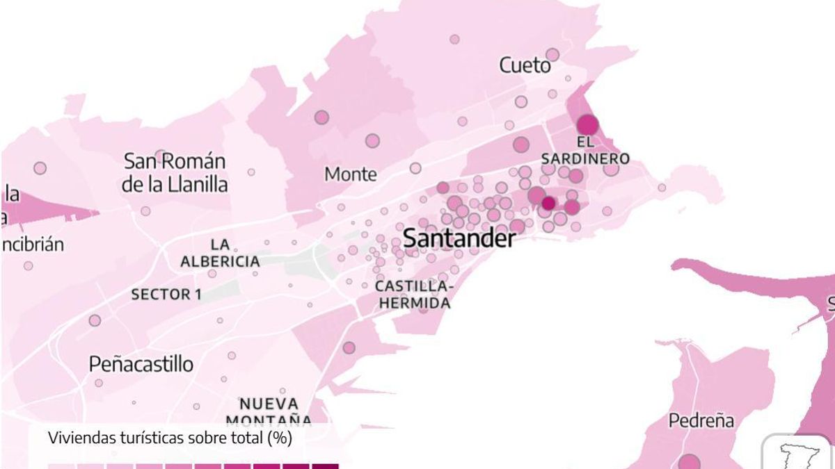 Mapa de viviendas turísticas en Santander.