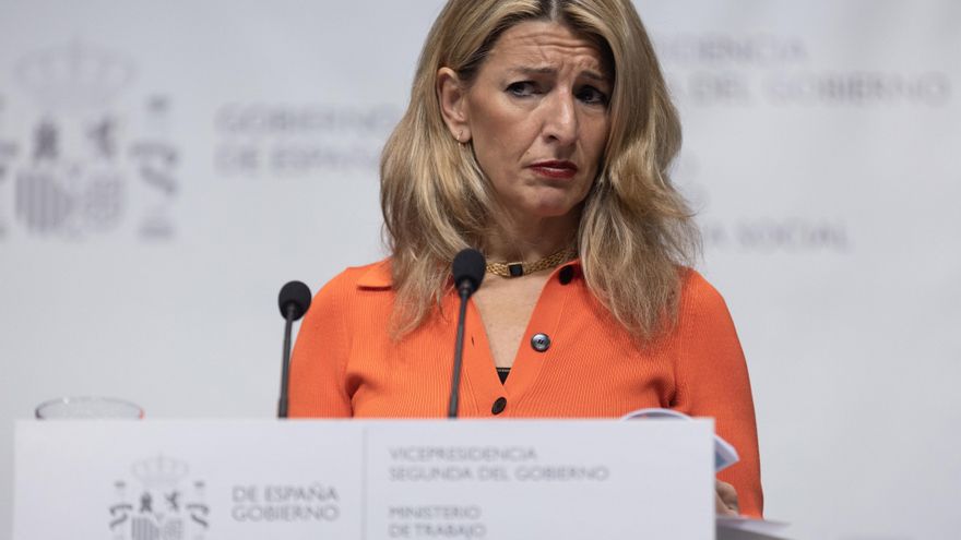 La vicepresidenta segunda y ministra de Trabajo y Economía Social, Yolanda Diaz, hace balance del primer aniversario de la aprobación de la Reforma Laboral, en la sede del Ministerio, a 28 de diciembre de 2022, en Madrid (España).
