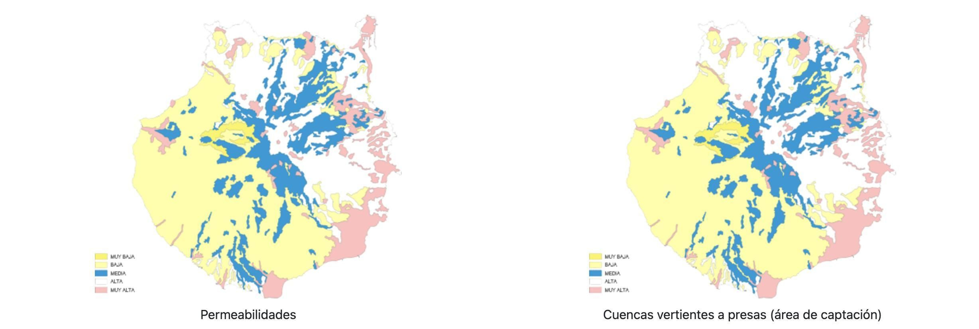 En la siguiente imagen se muestra de manera simplificada la permeabilidad del terreno de la isla y las cuencas vertientes a cada presa. Se destaca claramente el gran número de presas de la zona norte que contrasta con la gran superficie de la isla que vierte a un menor número de presas en la zona sur.