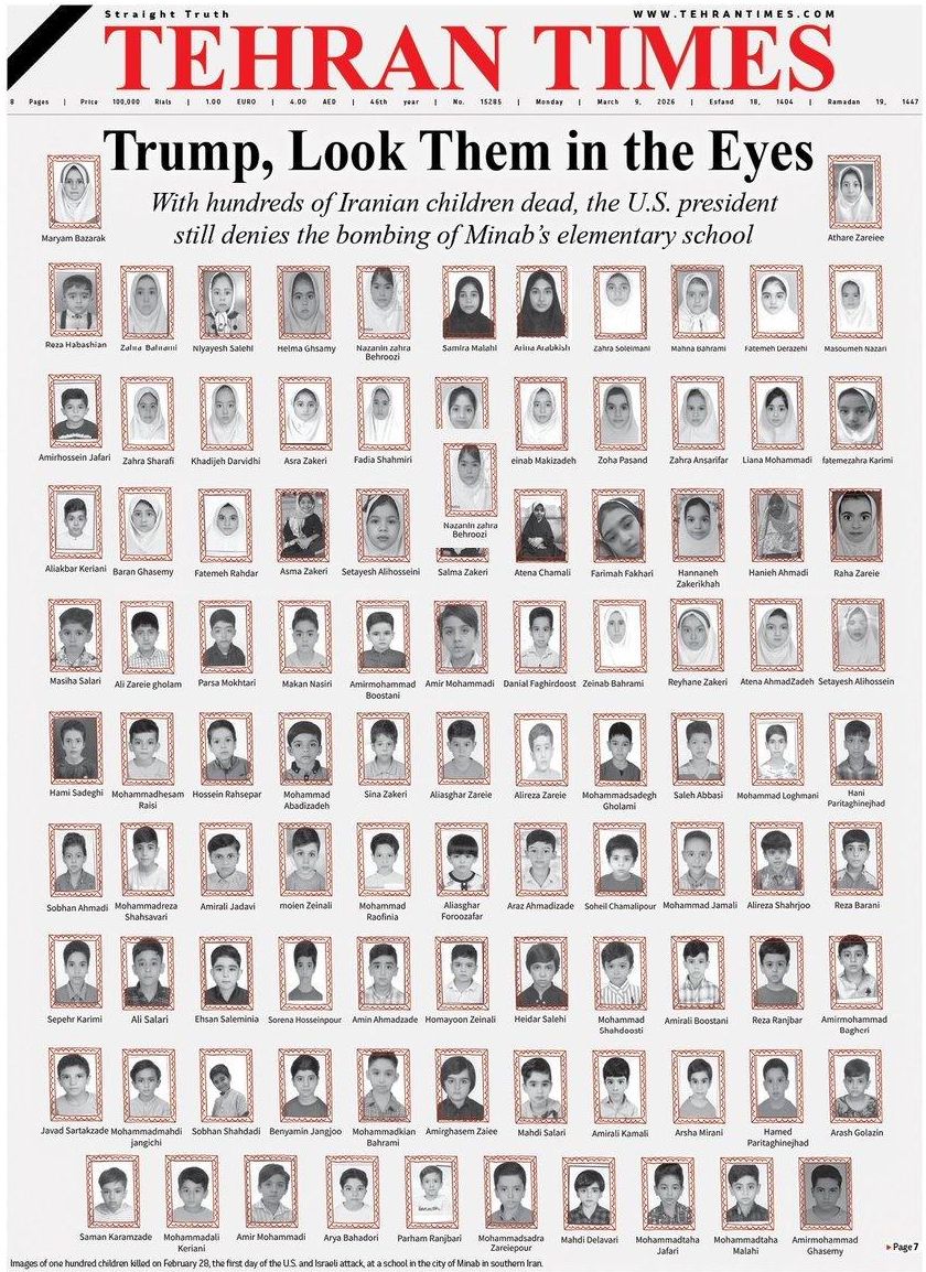 La portada del Tehran Times con fotografías de las víctimas del ataque a la escuela de Minab.