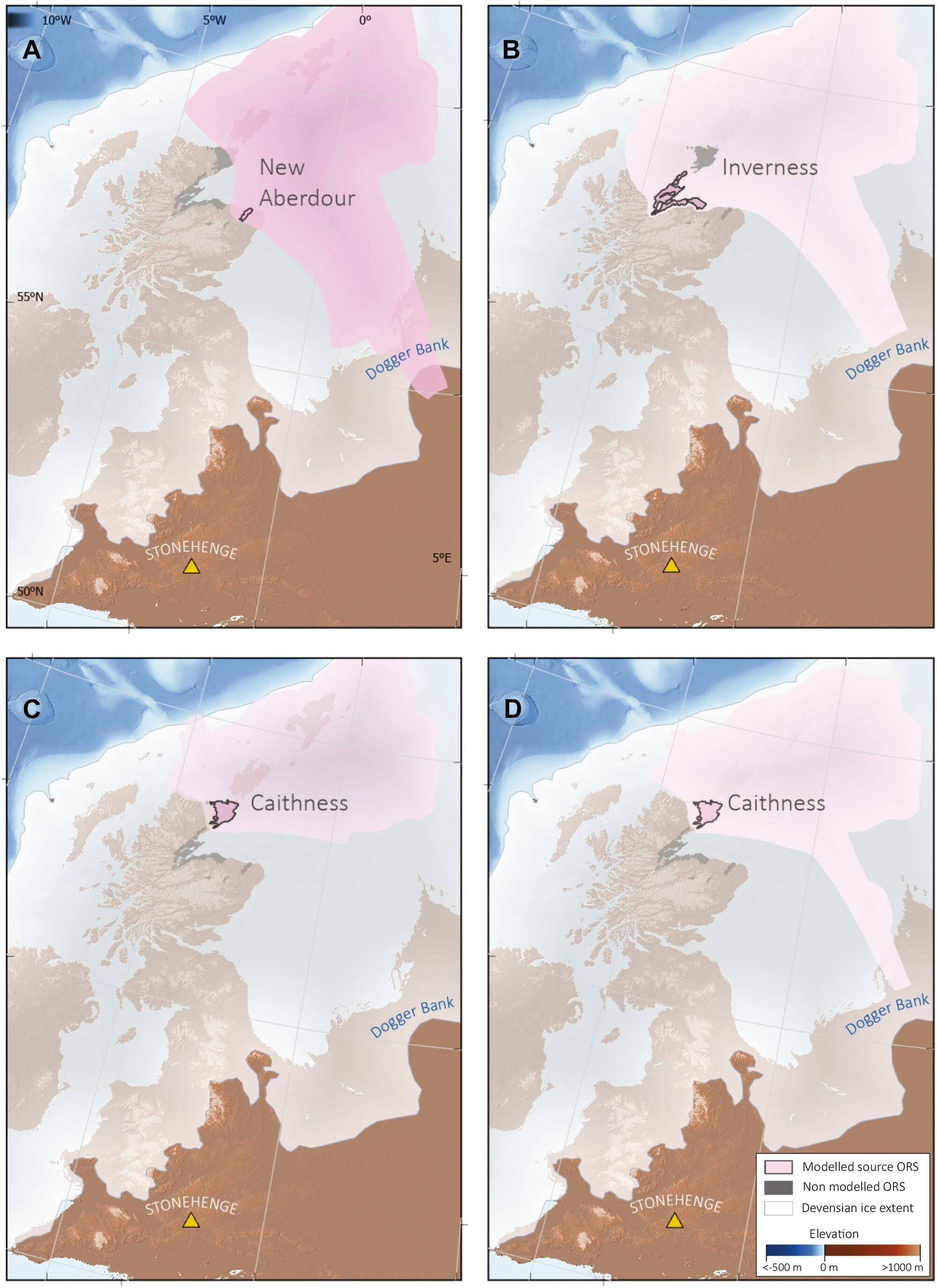 Huellas de dispersión máximas modeladas de arenisca roja antigua por la capa de hielo británico-irlandesa del Devensiense tardío. La huella delimita todas las áreas posibles de deposición, no un sitio específico ni una evaluación de probabilidad.