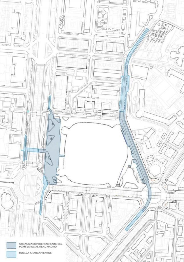 Aparcamientos previstos (en azul) y proyecto de urbanización (en gris)