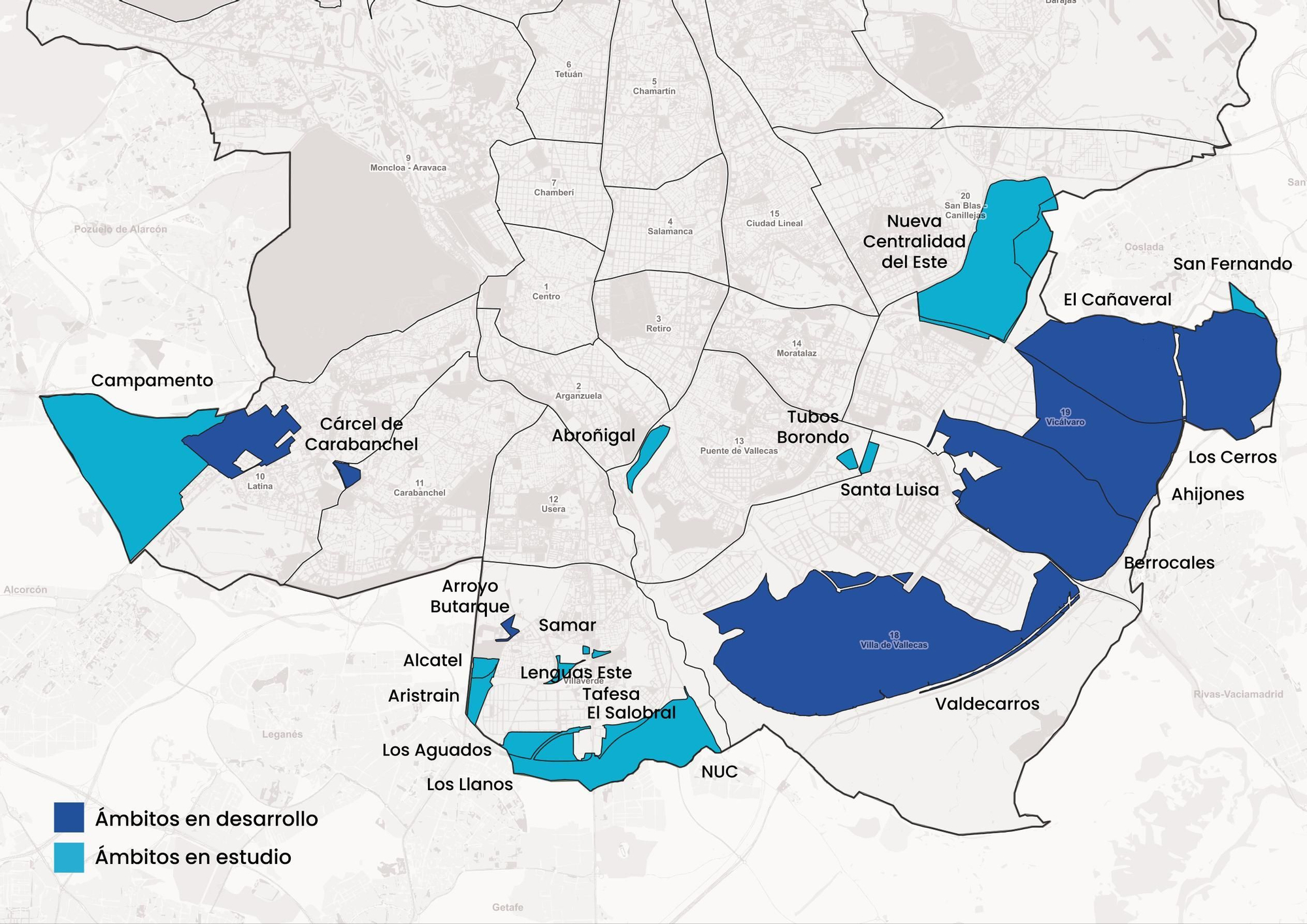 Ámbitos en desarrollo y en estudio en la Estrategia del Sur, con el Abroñigal en el centro