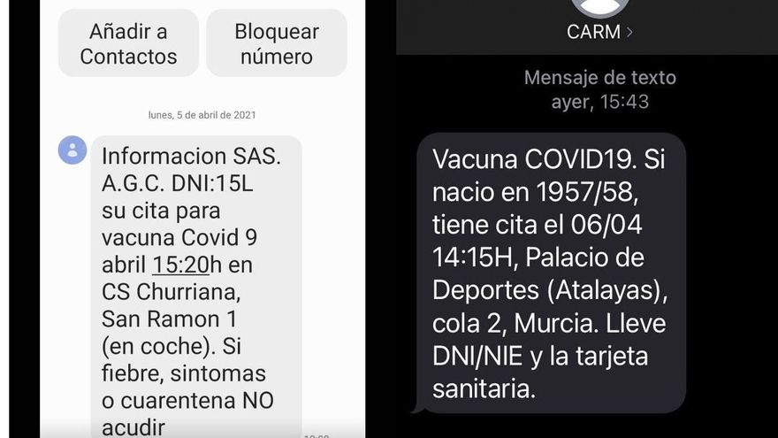 Citas por mensaje de texto para vacunarse enviadas desde el Servicio Murciano de Salud