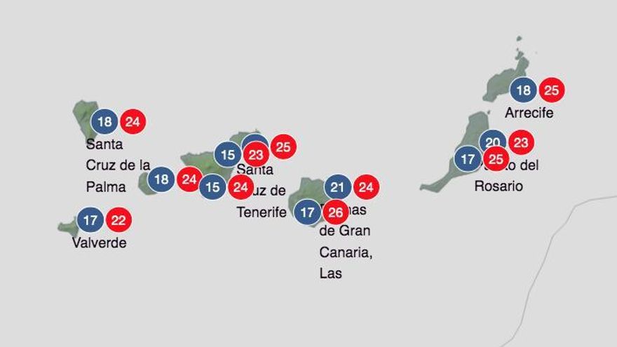 Temperaturas mínimas y máximas previstas en Canarias para este jueves