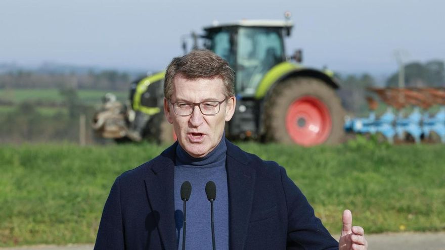 El presidente del PP, Alberto Núñez Feijóo hace unas declaraciones tras realizar una visita a una explotación agraria este lunes en la localidad pontevedresa de Lalín