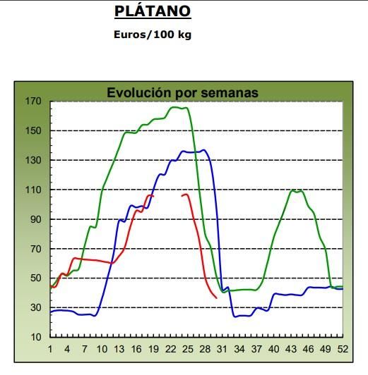 Evolución de los precios medios percibidos por el platanero canario en 2024 (marca azul), 2025 (verde) y 2026 (roja, hasta la semana 30).