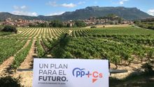 Montaje del acto de PP+Cs con la localidad de Labastida de fondo y sus viñas en primer plano