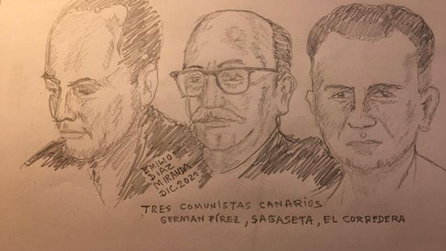 Dibujo de Emilio Díaz: 3 Comunistas canarios : Germán Pírez, Fernando Sagaseta y El Corredera.