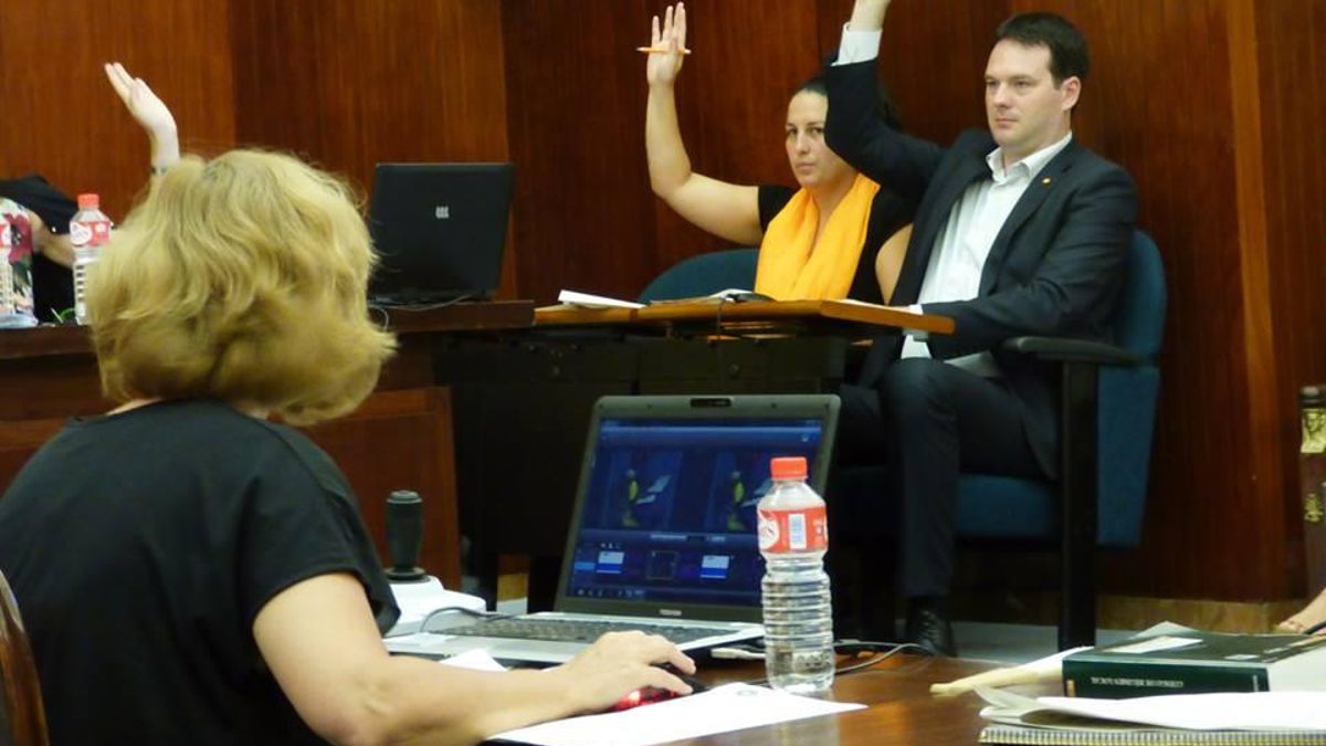 Los exconcejales de Cs David González y Cora Vielva votando durante un pleno en Santander.