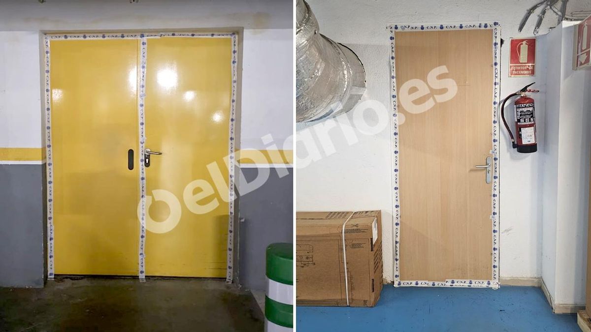 Puertas de los almacenes del CNIO precintados por lo la Policía. A la izquierda, puerta en la planta -4. A la derecha, puerta en la planta 5.