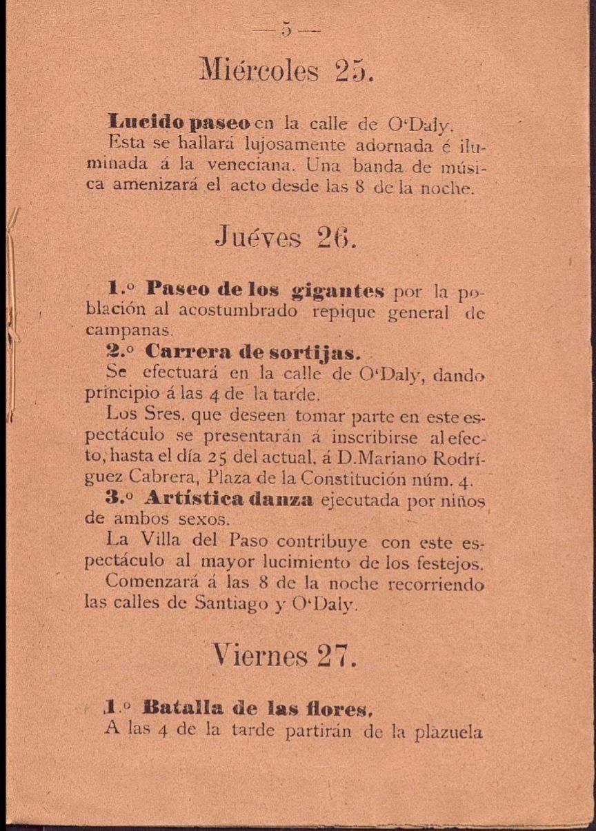 3.	Programa de los festejos públicos de la Bajada de la imagen de Ntra. Sra. de las Nieves desde su santuario a la iglesia parroquial de esta ciudad en el año de 1900.