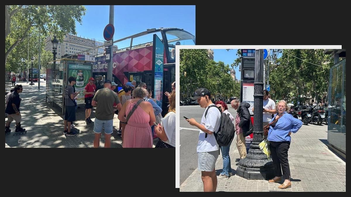 A la izquierda, la marquesina para el Bus Turístico. A la derecha, la parada con poste sin sombra para el bus de transporte público